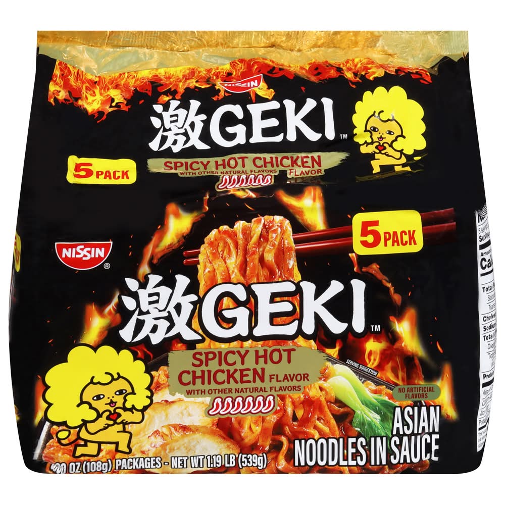 Nissin Geki Asian Noodles in Sauce, Spicy Hot Chicken (5 x 3.8 oz)