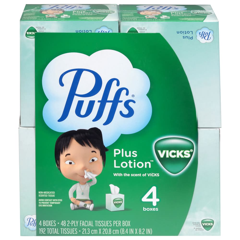 Puffs Plus Lotion Facial Tissue, Vicks, 8.4x8.2 in (4 x 48 ct)