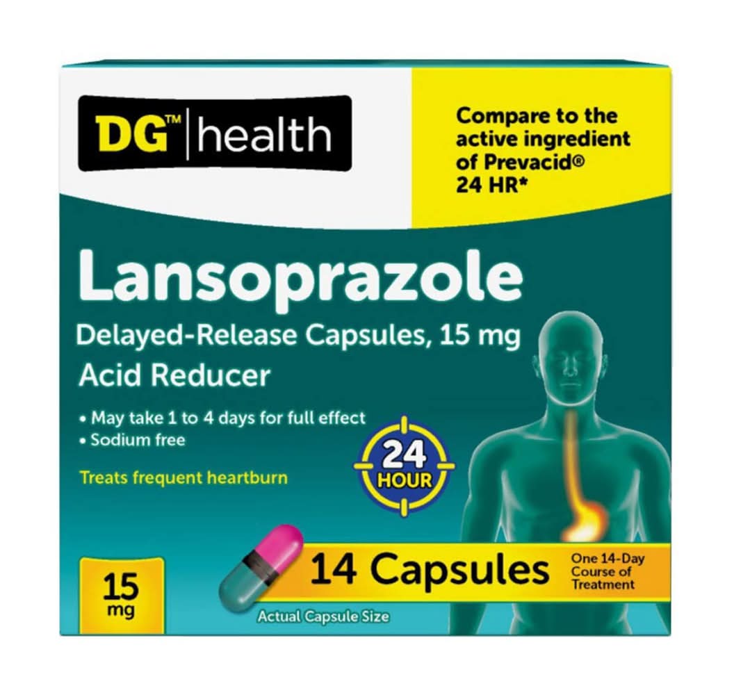 Dg Health Lansoprazole Delayed Release Capsules 15 Mg Proton Pump Inhibitor Treats Frequent Heartburn 24 Hour 14 Count