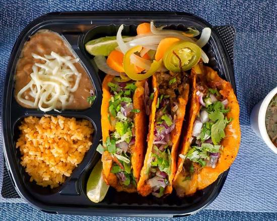 3 Cheesy Birria Taco with Rice and Beans