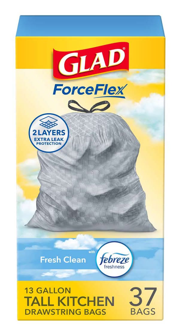 Glad Forceflex Tall Kitchen Drawstring Trash Bags 13 Gal Fresh Clean Febreze 37 Count