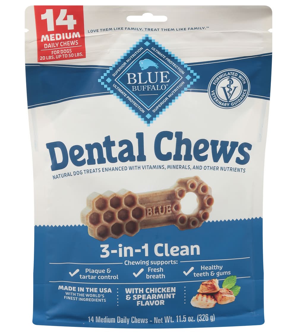 Blue Buffalo 3-In-1 Clean Dental Chews, Chicken - Spearmint (11.5 oz, 14 ct)
