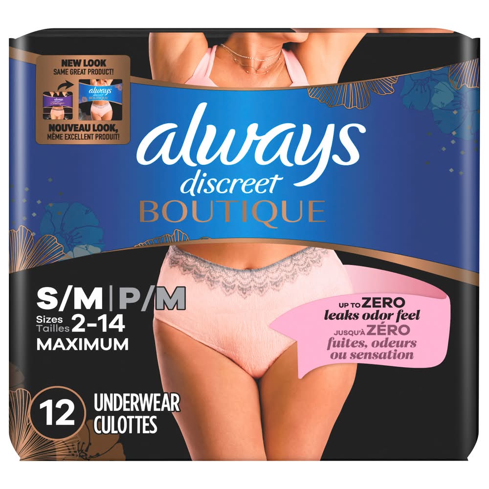 Always Discreet Boutique Maximum Protection Underwear, Women, S/M, Rosy (12 ct)