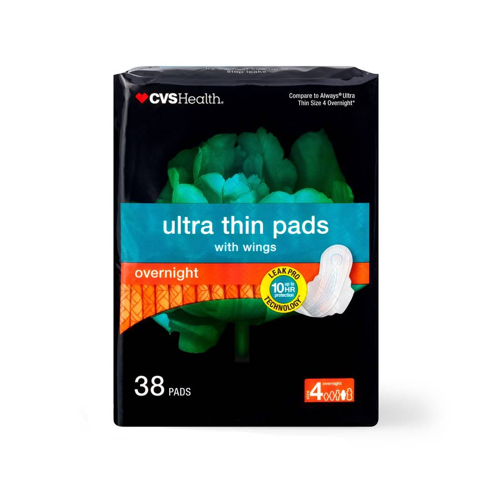 CVS Health Ultra Thin Pads with Wings, Overnight, 38 CT
