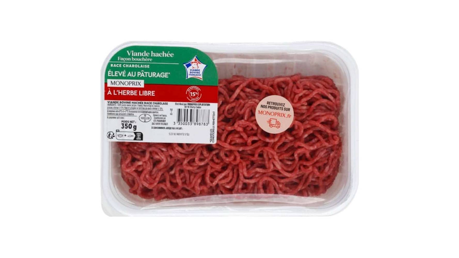 Monoprix Viande hachée de boeuf façon bouchère 15% mat. gr. La barquette de 350 g