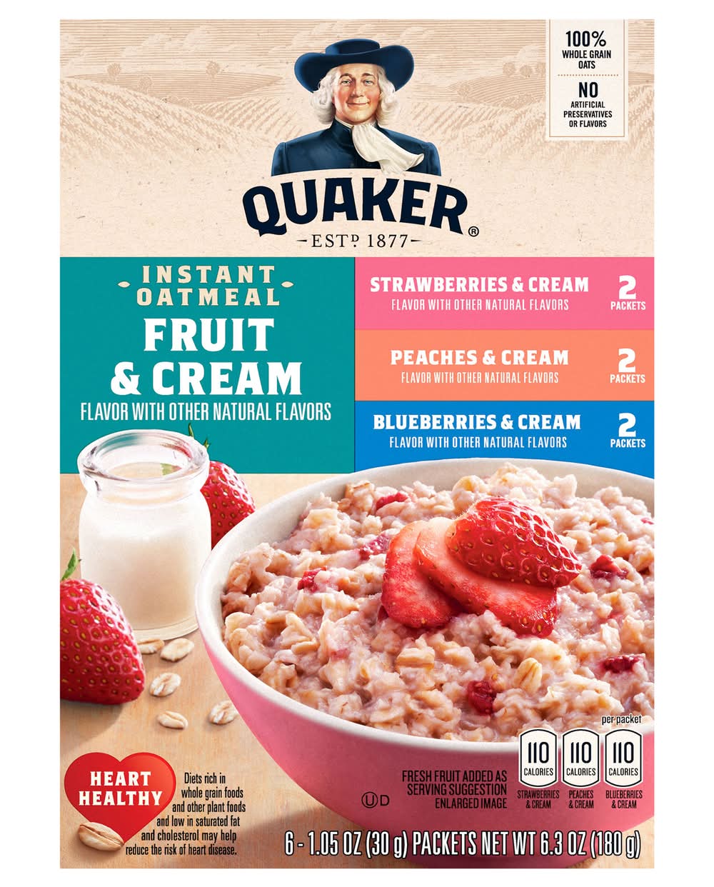 Quaker Fruit & Cream Instant Oatmeal Variety pack, Strawberries-Peaches-Blueberries (6 x 1.05 oz)