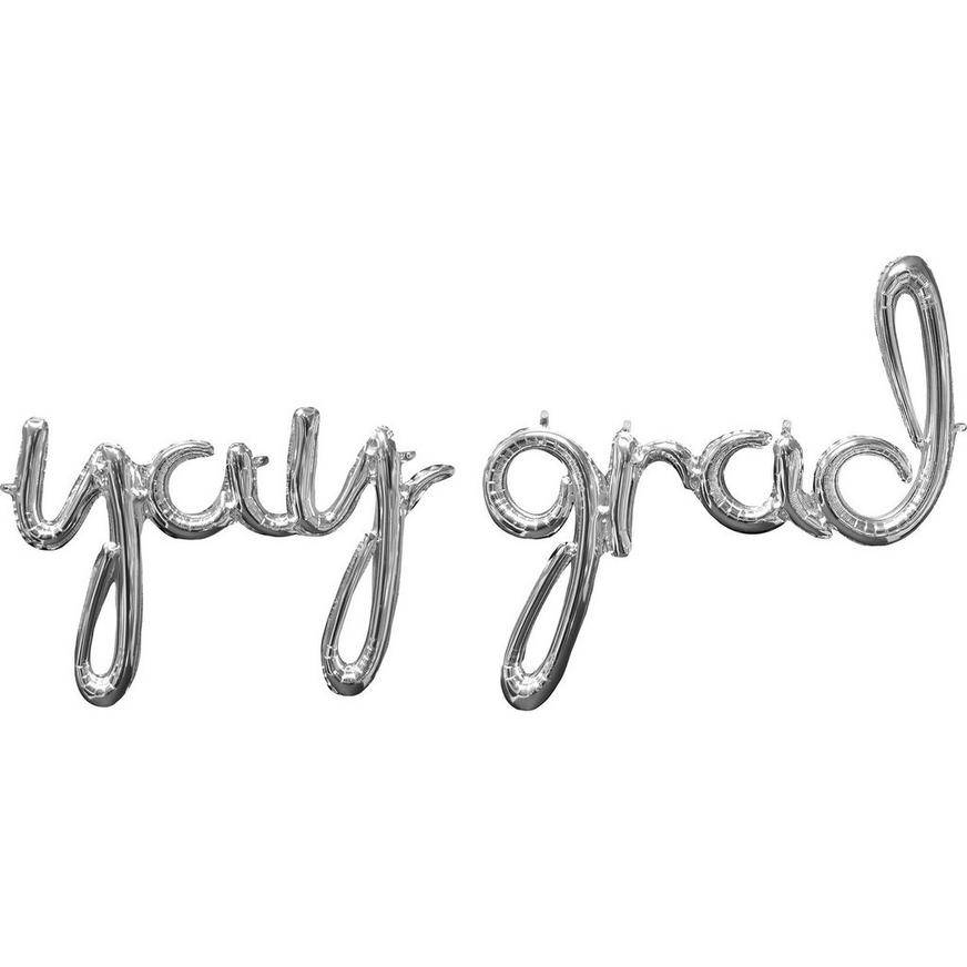 Uninflated Silver Yay Grad Cursive Letter Balloon Phrase, 33in, 2pc