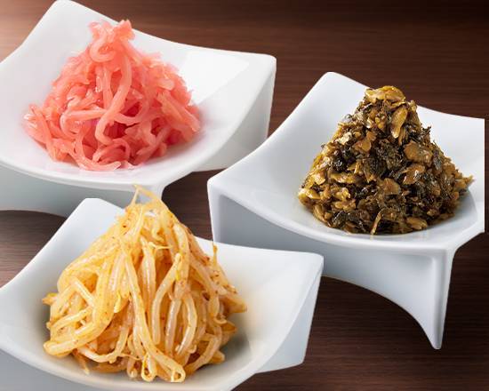 人気トッピングセット（辛もやし、辛子高菜、紅ショウガ） Popular Toppings Set (Spicy Bean Sprouts, Spicy Leaf Mustard, Pickled Ginger)