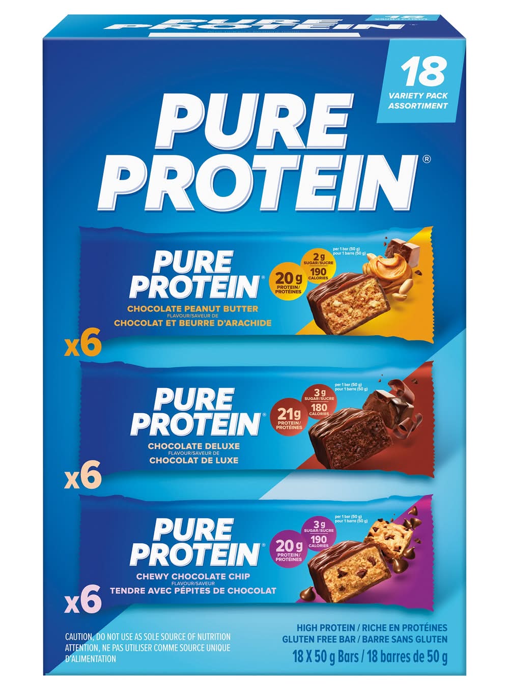 Pure Protein – Barres Protéinées, Saveurs Assorties, 18 × 50 G / Pure Protein Variety Protein Bars, Chocolate Peanut Butter-Chocolate Deluxe-Chewy Chocolate Chip (18 x 50 g)