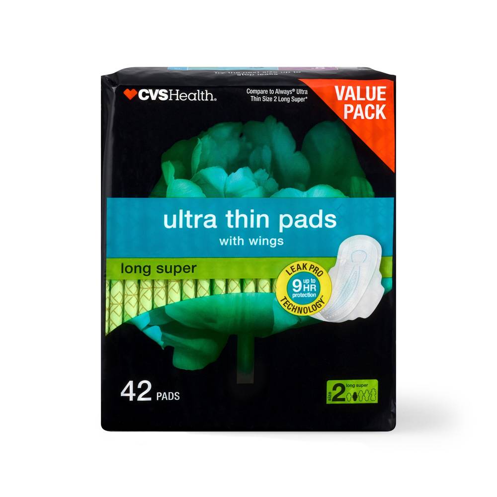 CVS Health Ultra Thin Pads with Wings, Long Super, 42 CT