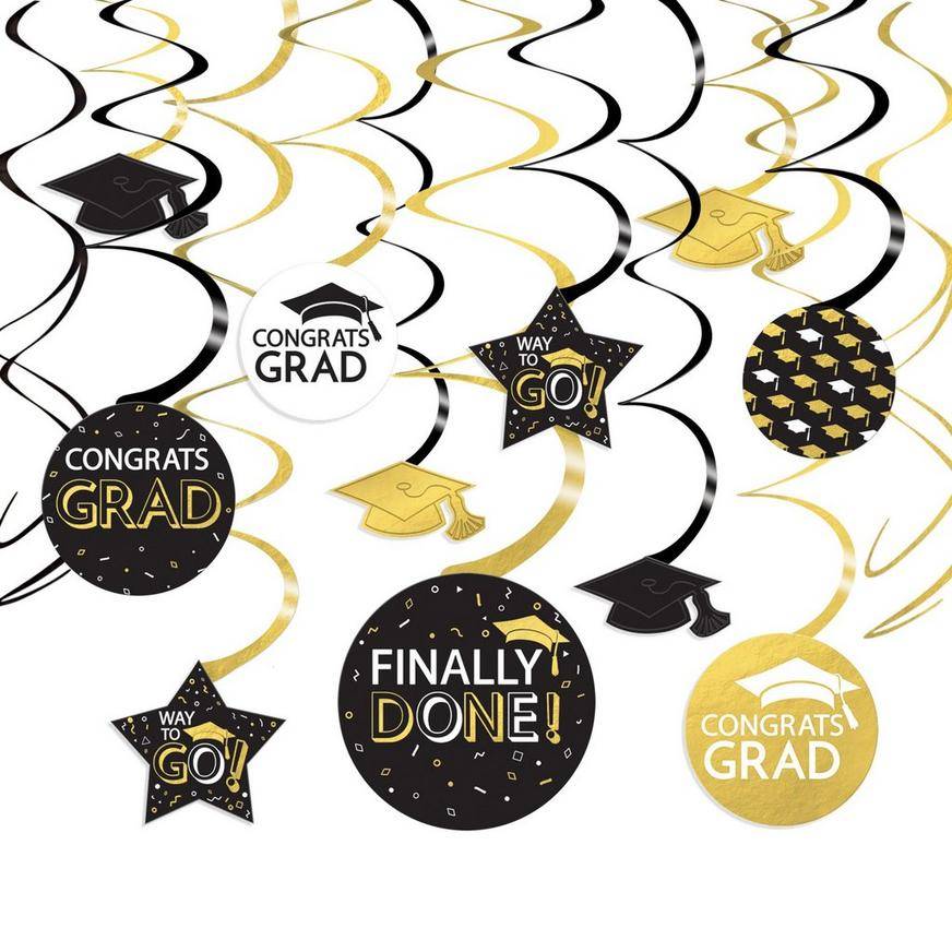 Black, Silver, Gold Congrats Grad Cardstock Swirl Decorations, 30pc