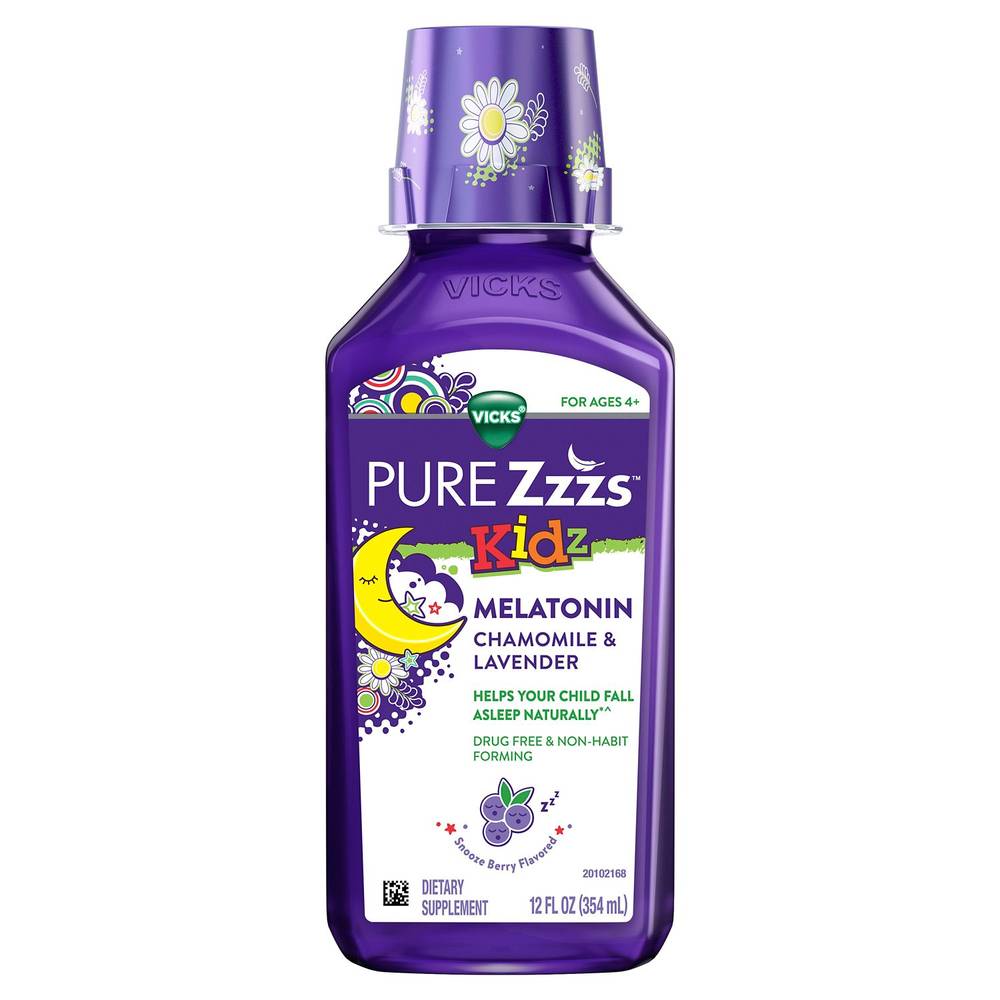 Vicks Pure Zzzs Kidz Melatonin + Chamomile & Lavender Sleep Aid Liquid, Snooze Berry (12 fl oz)