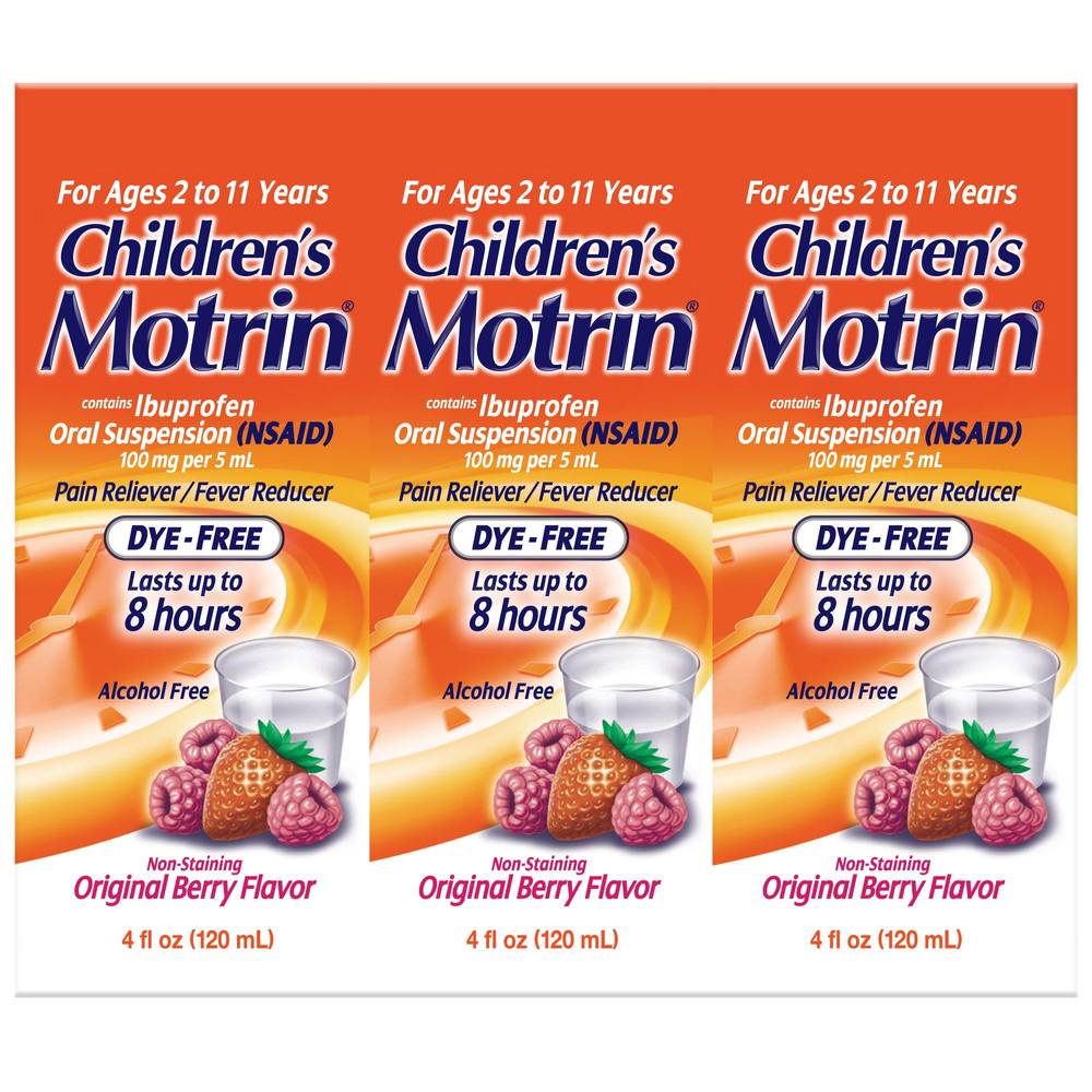 Children's Motrin 100 Mg Ibuprofen Fever Reducer & Pain Reliever, Berry (4 fl oz, 3 ct)