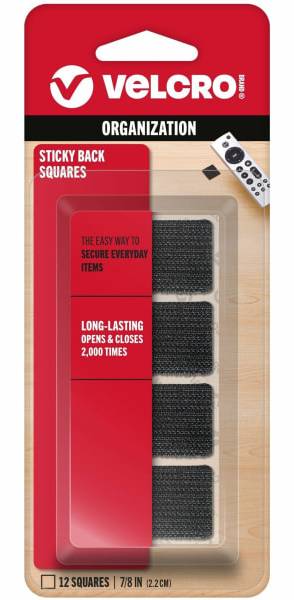 VELCRO® Brand Sticky Back Squares, 0.88"W x 0.88"L, Black, Pack Of 12