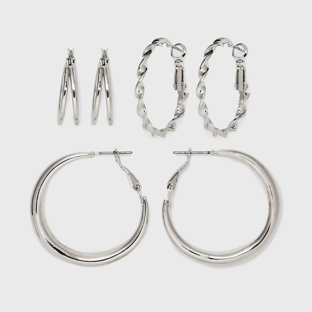 Universal Thread Twisted & Duo Hoop Earring Set, Silver (3 ct)