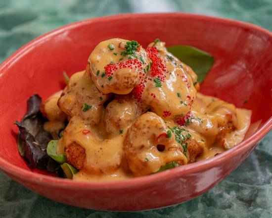 Tempura de gambas rojas con chili dulce y tobikko