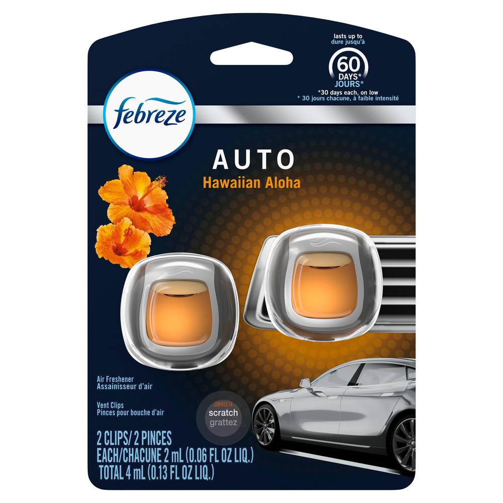 Febreze Auto Air Freshener Vent Clips, Hawaiian Aloha, 2 Ct