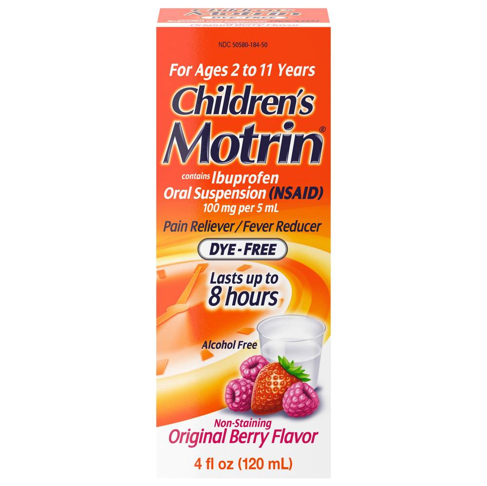 Children's Motrin Dye-Free Non-Staining Original Berry Flavor Pain Reliever/Fever Reducer For Ages 2 To 11 (4 fl oz)