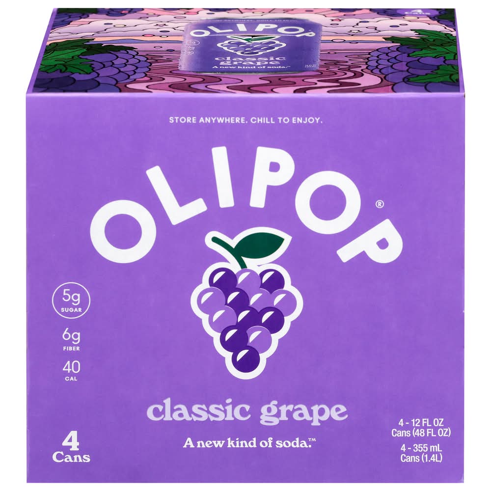 Olipop Prebiotic Fruit Flavored Soda, Classic Grape (4 x 12 fl oz)