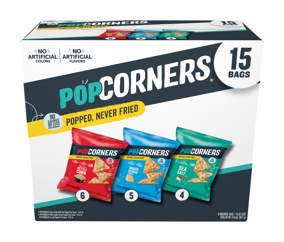 PopCorners Popped-Corn Snack Variety pack, Sea Salt-Kettle Corn-White Cheddar (15 x 0.62 oz)