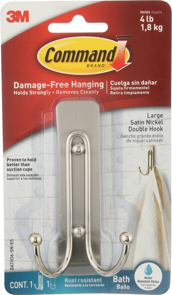 Command Bath Hanging Large Satin Nickel Double Hook (1 ct)