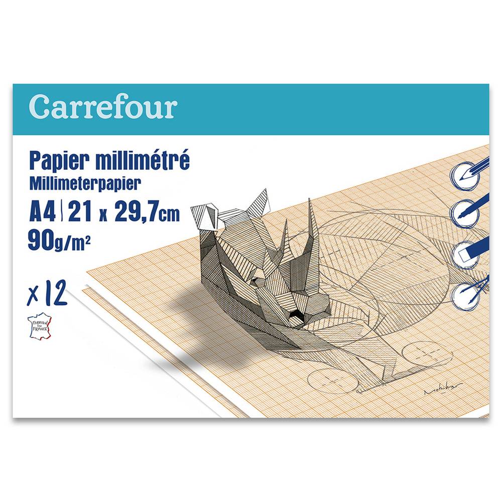 Carrefour - Pochette dessin papier millimetre, 12 feuilles