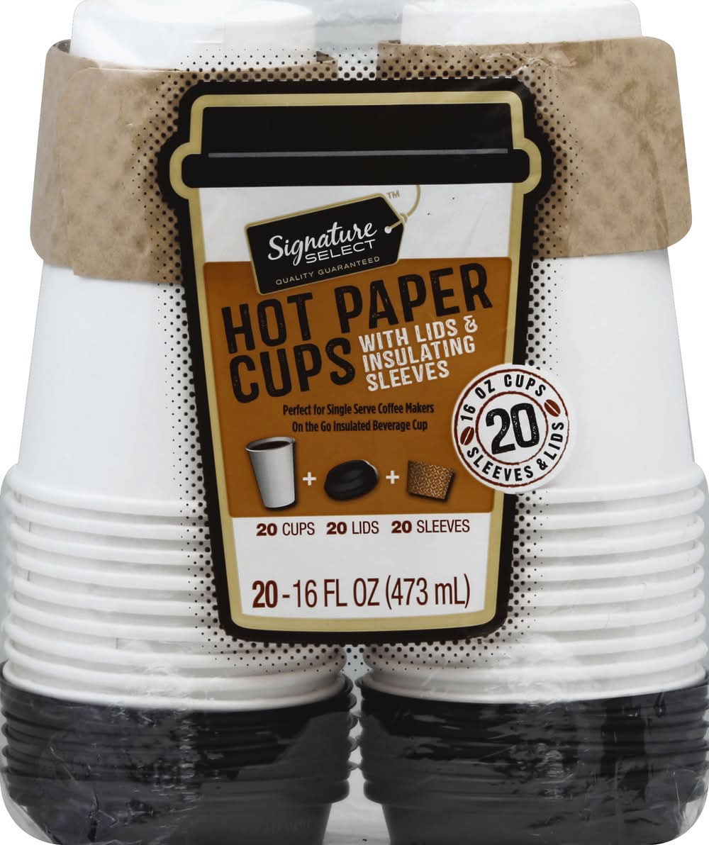 Signature Select Hot Paper Cups With Lids & Insulating Sleeves 16 fl oz (20 ct)