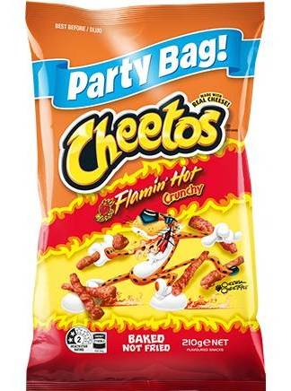 Cheetos corn snacks crunchy flamin hot party bag 210g