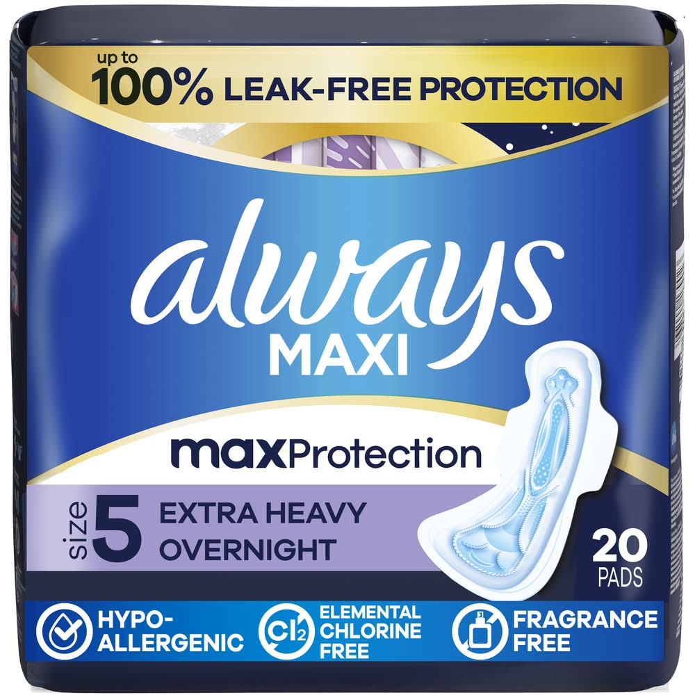 Always Maxi Extra Heavy Overnight Flow Pads With Wings, Women, 5 (20 ct)