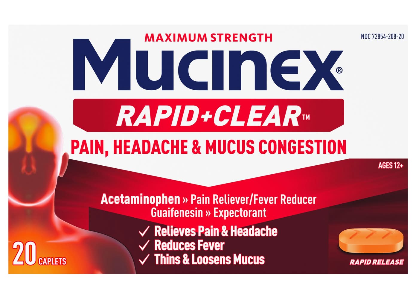 Mucinex Maximum Strength Rapid Clear Pain & Fever Relieving Caplets 12+ Years (20 ct)