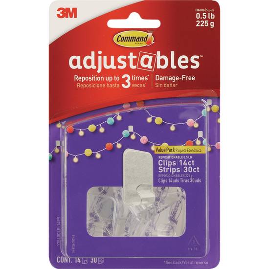 3M Command Adjustables Adhesive Clips/Strips 14/30ct #17840