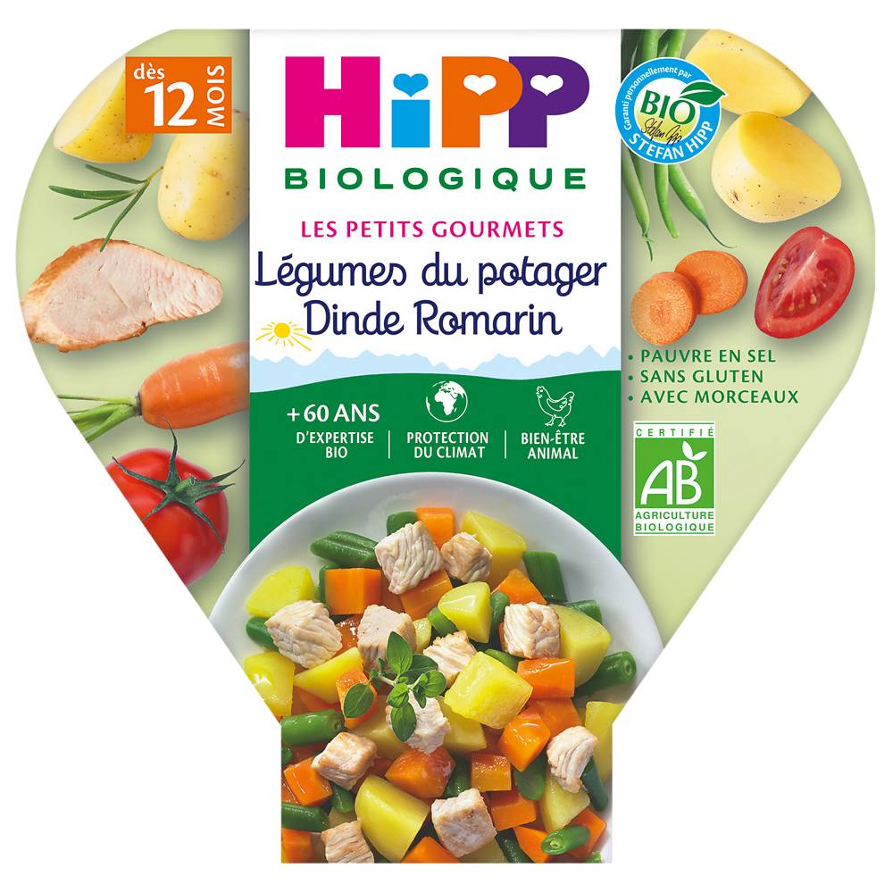 Assiette pour bébé légumes du potager dinde romarin HIPP biologique, dès 12 mois, 230g