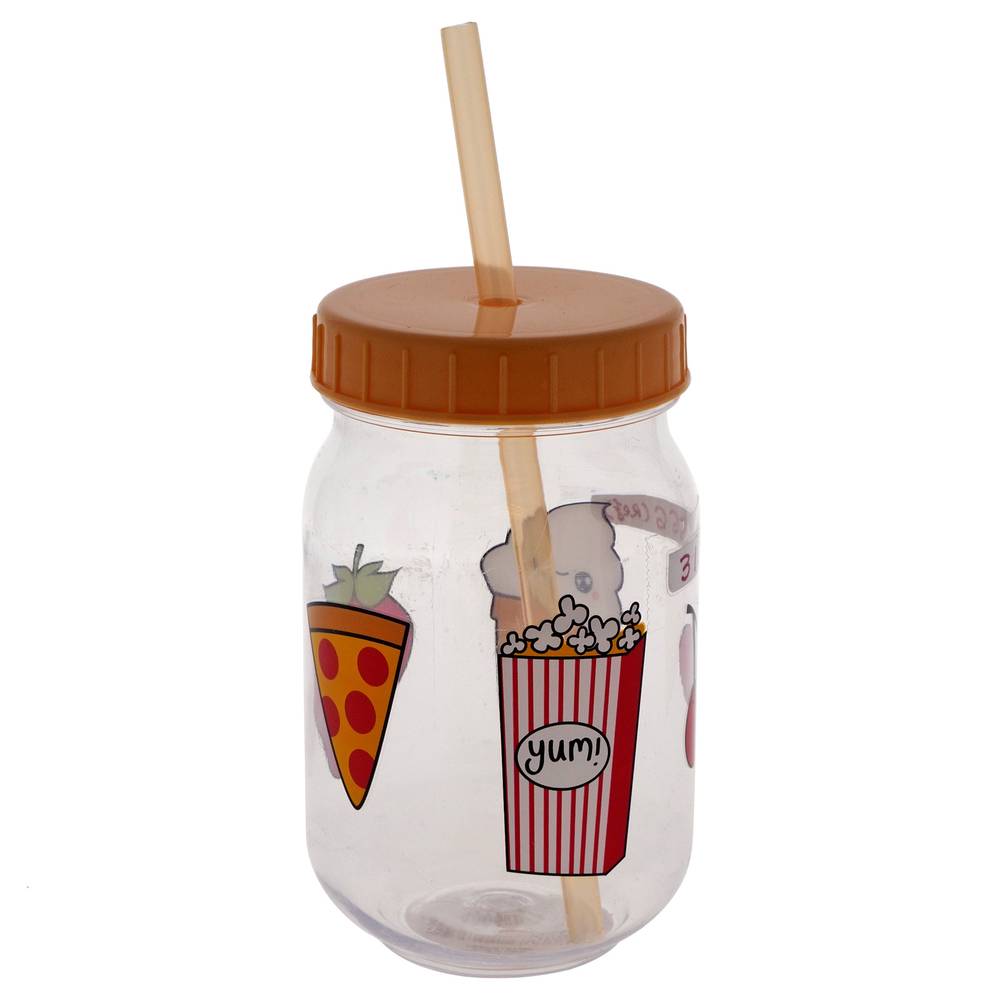 Plastic Drinking Jar W/Decal, Lid&Straw