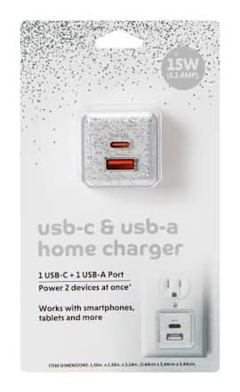 USB-A & USB-C Dual Wall Charger 3.1 Amp White Glitter