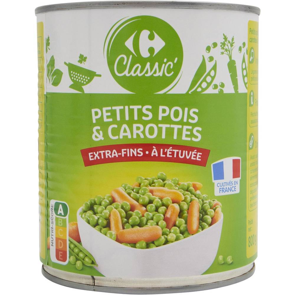 Petits pois carottes extra-fins CARREFOUR CLASSIC' - la boite de 530g net égoutté