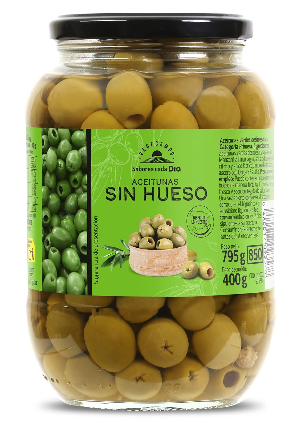 Aceitunas Verdes Sin Hueso Vegecampo De Dia Frasco 400 G