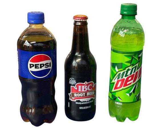 Pepsi (20 OZ), Mt Dew (20 OZ), IBC Root Beer