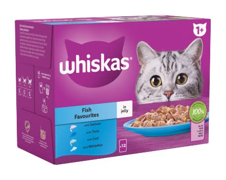 Whiskas Fish Favourites, 1+ Fish Favourites Adult Wet Cat Food Pouches in Jelly (12 pack)