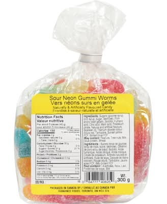 Johnvince Foods Friandise À Saveur Naturelle Et Artificielle Vers Néons Surs En Gelée / Naturally & Artificially Flavoured Candy Sour Neon Gummi Worms 300.0 G