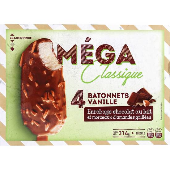Bâtonnets glacés vanille nappé chocolat Leader price x4