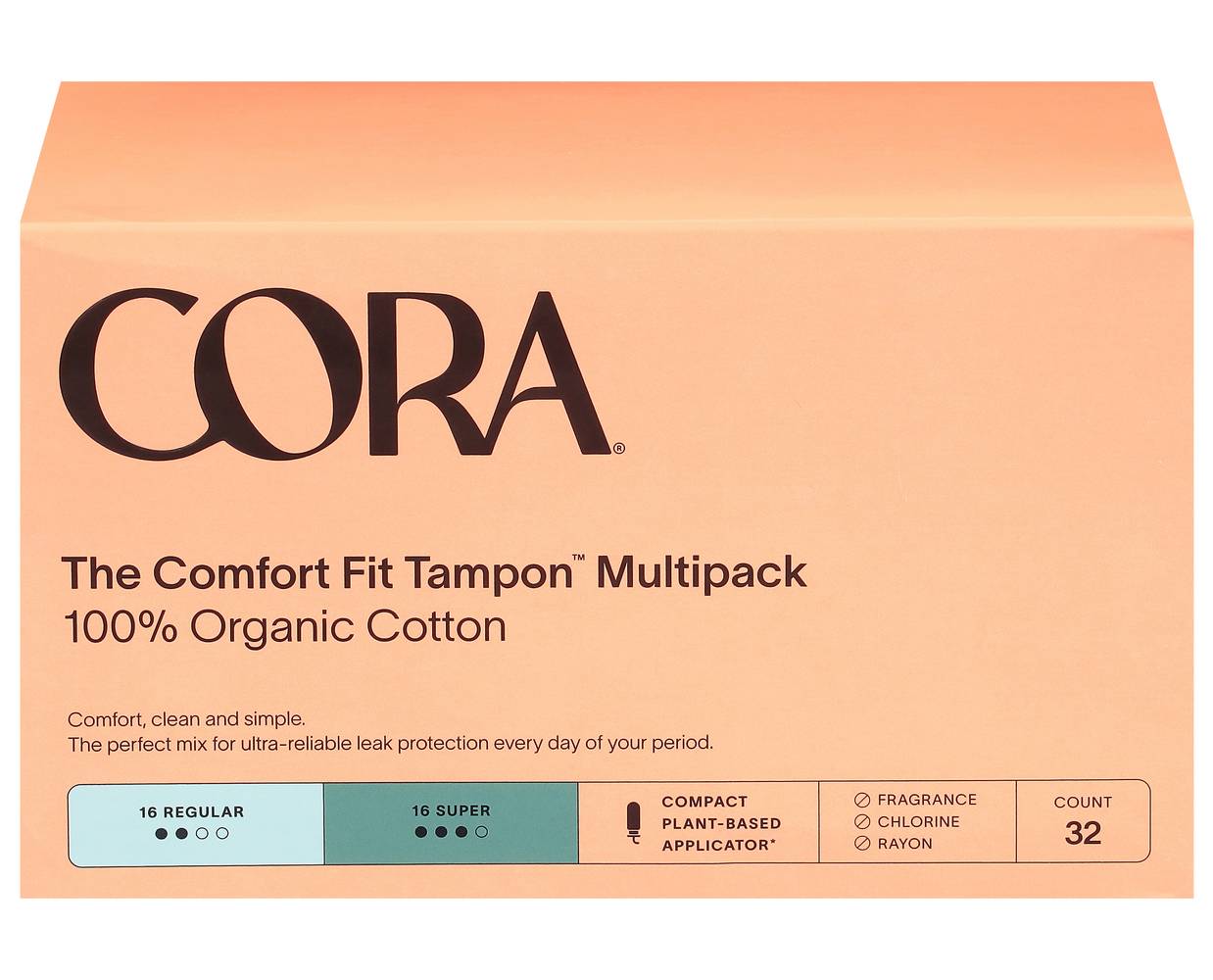 Cora Organic Cotton Tampons Regular & Super With Plant-Based Applicator (32 ct)