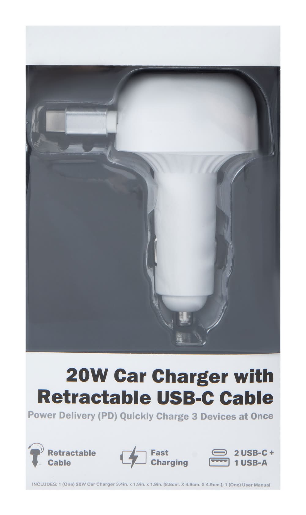 20W Car Charger With Retractable USB-C Cable White
