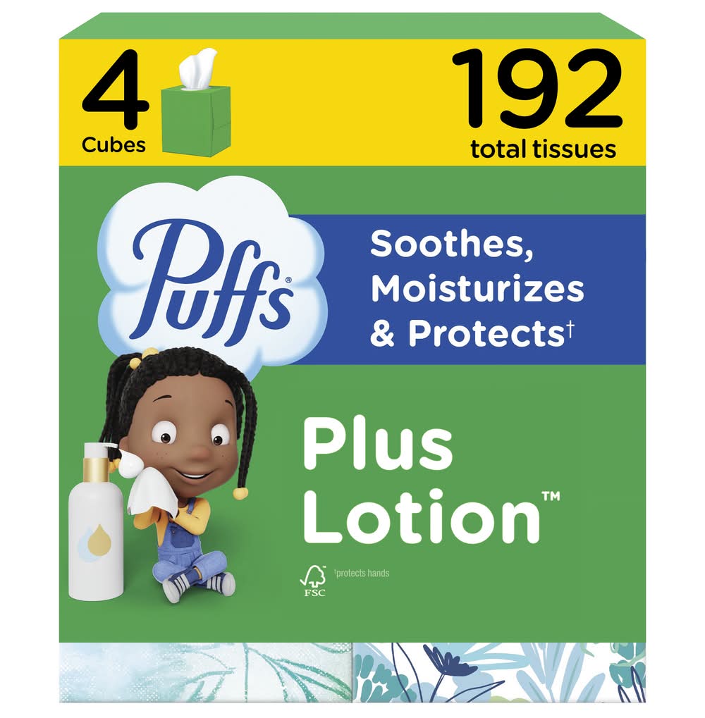 Puffs Plus Lotion Facial Tissues, 8.4x8.2 in (4 x 48 ct)