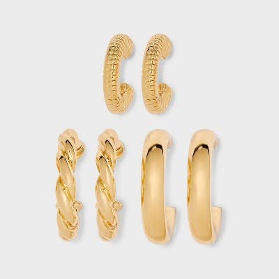 Universal Thread Rigged and Roped Textured Hoop Earring Set, Gold (3 ct)