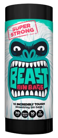 Beast Black, Super Strong Incredibly Tough Drawstring Bin Bags 70 L (10 pack)