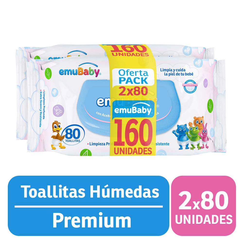 Emuwipes pack toallas húmedas premium (pack 80 u + 80 u)