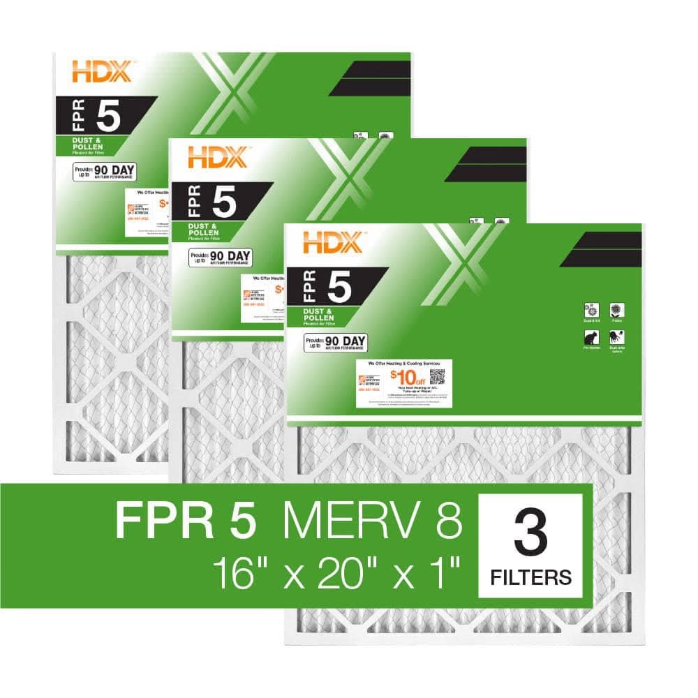 Hdx 16 In. X 20 In. X 1 In. Standard Pleated Furnace Air Filter Fpr 5, Merv 8 (3-Pack)