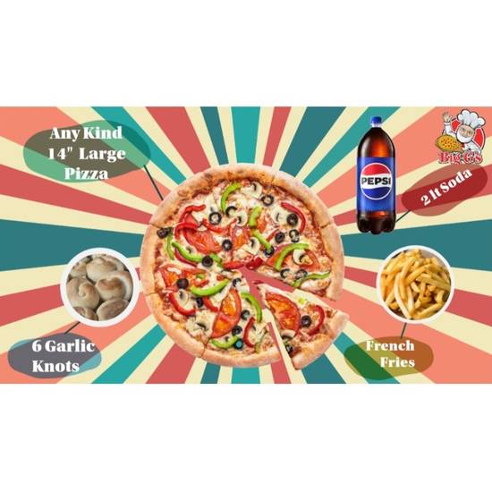 Any Kind of One 14" Pizza, 2lt Soda, French Fries and 6 Garlic Knots