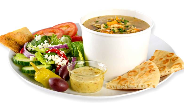 GREEK CHICKEN LEMON SOUP W/ GREEK SALAD