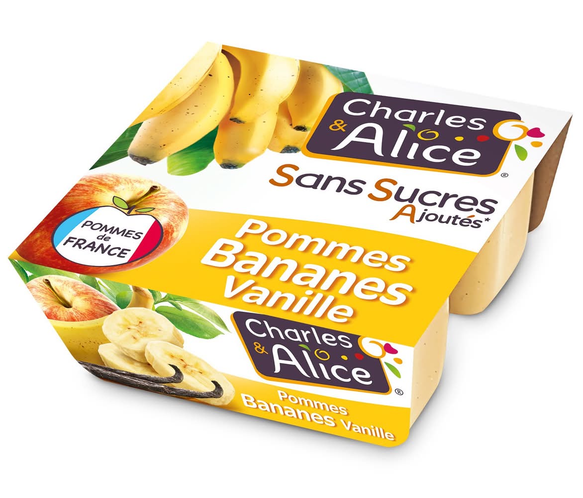 Charles & Alice - Compote aux pommes sans sucres ajoutés, bananes-vanille (4 x 100g)